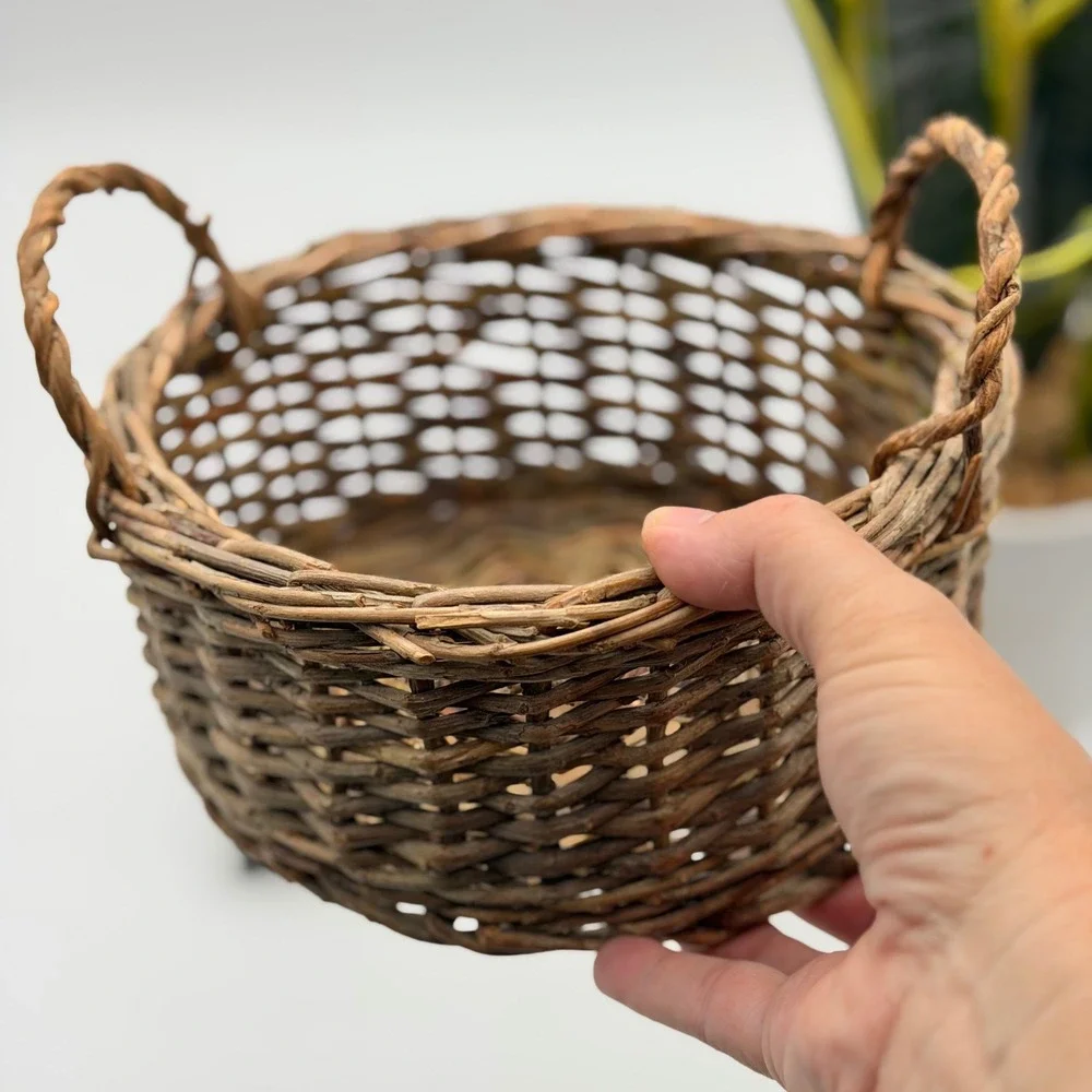 Vintage Hand Woven Twig Basket w Handles Round Decorative Rustic Farmhouse 7.5